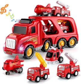 Fire Carrier Truck Transport Car Play Vehicles - 5 in 1 Friction Power Set w/ Real Siren Sound  Bright Flashing Light