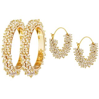 Combo of Pearl Cluster All Occassion 2.6 inch Bangle Set with Earrings