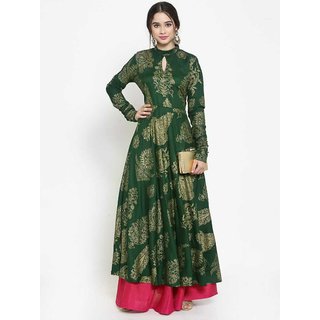 Lunious Fashion Rayon Block Print Green Printed Semi Stitched Anarkali Botta Design