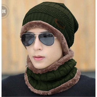 Buy Fashlook Dark Green Woolen Cap With 