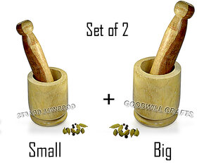 GOODWILL CRAFTS Wooden Okhli and Musal/Mortar and Pestle Set OF 2 BIG AND SMALL