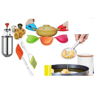 SNR Steel Vada Maker,Silicone Mini Oven Mitts Gloves,Silicon Brush  Spatula,2 in 1 Fry Tool Filter Spoon