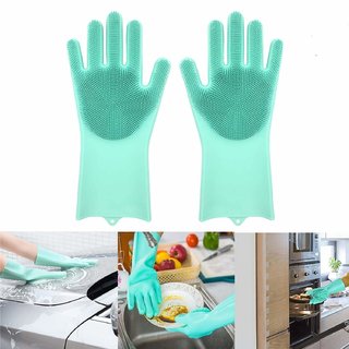                       Silicone Scrubbing Gloves, Non-Slip, Dishwashing and Pet Grooming, Magic Latex Gloves for Household Cleaning (1 Pair)                                              