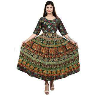 Dhruvi Women Cotton Jaipuri Print Long Gown for Women Girls