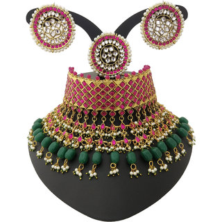                       Designer Pink Green Choker Kundan Pearl Indian Bollywood Celebrity Copy 4pc Jewelry Set                                              
