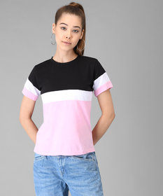 Elizy Women Black White Pink Colour Block T-shirt