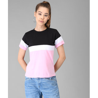                       Elizy Women Black White Pink Colour Block T-shirt                                              