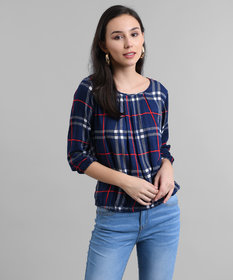 Elizy Women Nevy Base Red Line Check Printed Ballon Top