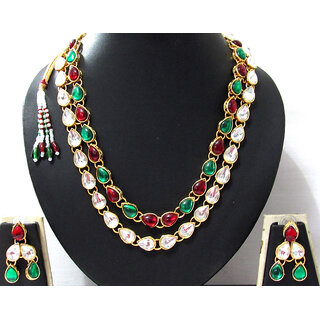                       2 line Maroon Green Kundan necklace set                                              