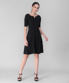 Elizy Women Black V-Cut Plain Midi Hosery Dress