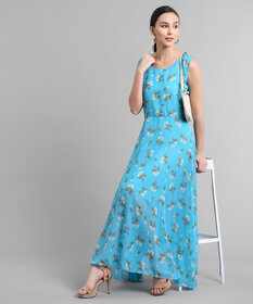Elizy Women Cyan Floral Printed Georgette Maxi Dress