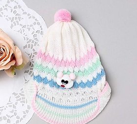Kids Stylish Winter Cap/ Woollen Cap With Pom Pom Bear Patch