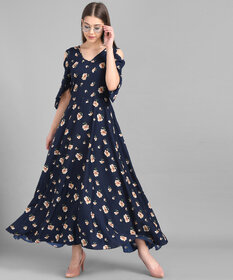 code yellow Navy Blue Small Floral Printed Crepe Maxi Dress