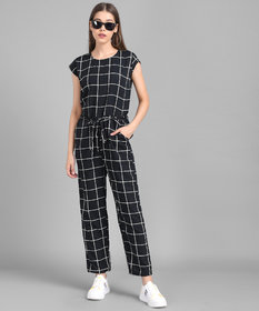 Elizy Women Black Check Front Knot Printed Jumpsuits