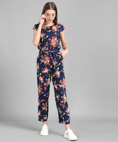 Elizy Women Nevy Blue Flower Printed Front Knot Jumpsuits