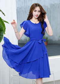 Elizy Women Royal Blue Plain Flair Georgatte Midi Dress