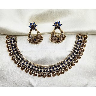                       Navy Blue Stoned Antique Necklace Set                                              