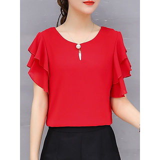 Elizy Women Red Ruffle Sleeve Neck Button Top