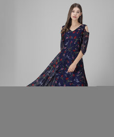 Code Yellow Navy Blue Floral Printed Off Shoulder A Line Dress