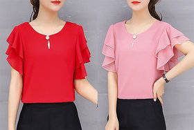 Vivient Women Red And Baby Pink Neck Moti Georgatte Top Combo