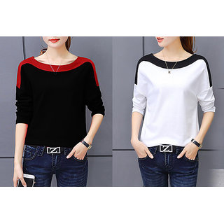                       Vivient Women Black And White Shoulder Plated T-shirts Combo                                              