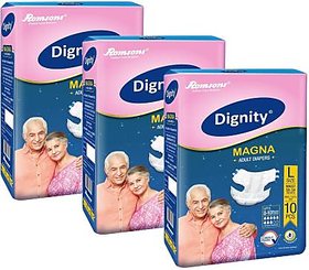 ROMSONS Dignity Magna Adult Diapers, Large, Waist Size 38 - 54, 10 Pcs/Pack (Pack of 3)
