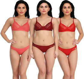 Empisto Branded Peach, Maroon  Red Color Lingerie Sets Pack of 3