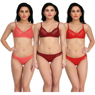 Empisto Branded Peach, Maroon  Red Color Lingerie Sets Pack of 3