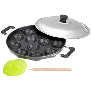 Kitchen Smart Premium Non-Stick 12 Cavity Appam Patra Side Handle with lid (Color may vary)