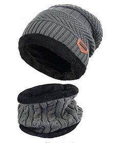 Rstc 2-pieces Winter Beanie Hat Scarf Set Warm Knit Hat Thick Fleece Lined