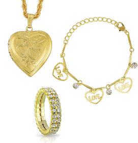 MissMister Gold Plated Combo of Heartshape Love Bracelet + Photo Locket Pendant,+ CZ Finger Band Fashion Jewelry