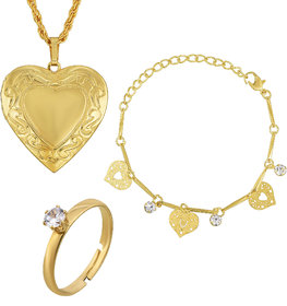 MissMister Gold Plated Combo of Heartshape Photo Locket Pendant, Solitaire Ring & heartshape Bracelet Fashion Jewelry