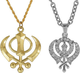MissMister Brass and Silver Plated, CZ Studded, Combo of 2 Khanda Chain Pendant Sikh, Punjabi Jewelry