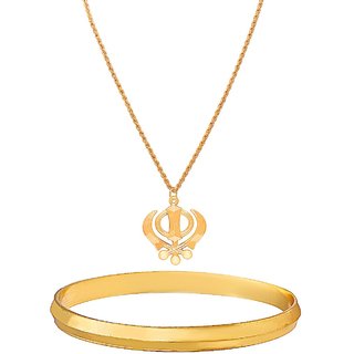                       MissMister Gold Plated Brass Combo of Khanda and Kada Sikh Sardar Punjabi God Jewellery                                              