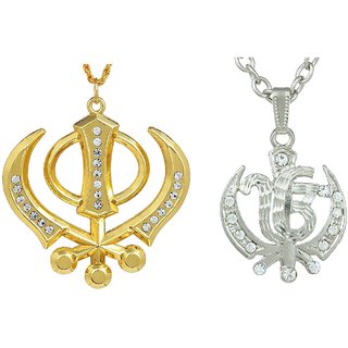                       MissMister CZ Studded Gold and Silver Plated Brass Two Sikh Sardar Punjabi Khalsa Khanda Jewelry                                              