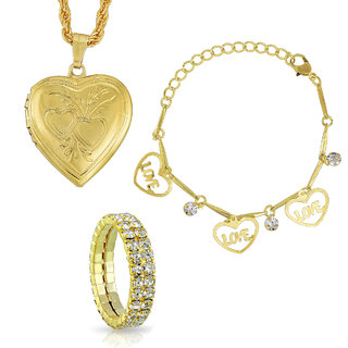                       MissMister Gold Plated Combo of Heartshape Love Bracelet + Photo Locket Pendant,+ CZ Finger Band Fashion Jewelry                                              