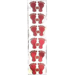 Haraf Fashions Laxmi Feet Laxmi Charan Diwali Rangoli Religious Embossed Red Colour Sparkly Stickers for Vastu, Good Luck and Prosperity Item 2-2.5 Inches (Pack of 6 Stickers)