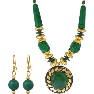                       MissMister Gold Plated Brass, Round Shape, Green Howlite and Green Jade Fashion Necklace Set                                              