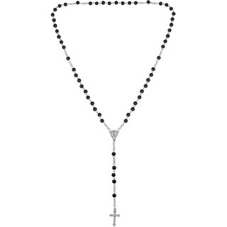                       MissMister Titanium Catholic Religious Black Bead Jesus Cross Crucifix Rosary Prayer Necklace Christian Jewellery                                              