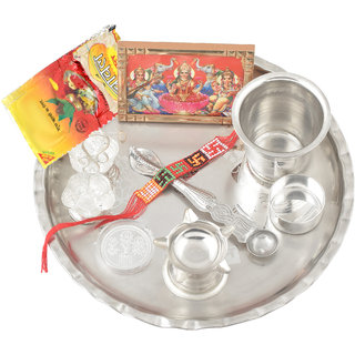                       MissMister Silver plated Pooja articles Brass thali combo (White) - 10 Pieces                                              