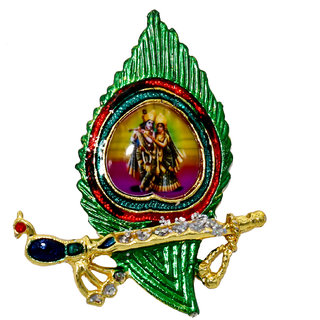                       MissMister Gold Plated Green Enamelled Krishna Peacock Feather Flute Design, Sareepin, Brooch                                              