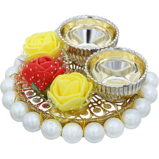                       MissMister Gold Plated, Red and Green Imitation Rose, Puja thali Home Decor Gift Item Latest                                              