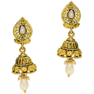                       MissMister Gold Plated Brass White Pearls and Drops Heritage Jhumki Earring for Women Pearl Brass Jhumki Earring                                              