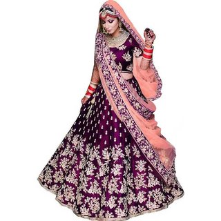 Femisha Creation Purple Taffeta Satin Heavy Work Women's wedding Wear Semi Stitched Lehenga Choli(Free Size)