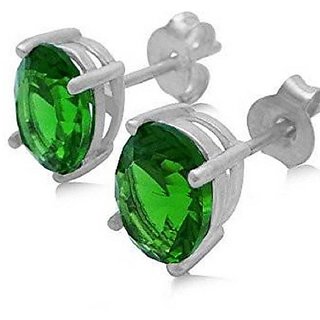                       Ceylonmine -Silver Earring With Unheated Stone Green Emerald Stud Earrings                                              