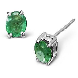                       Ceylonmine-Natural Green Emerald Stud Precious Stone Silver Earring for Girls                                              