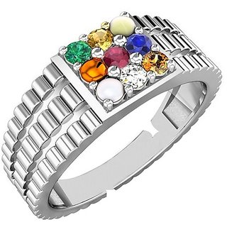                       Natural Stones Navratan Silver Adjustable Ring by Ceylonmine                                              