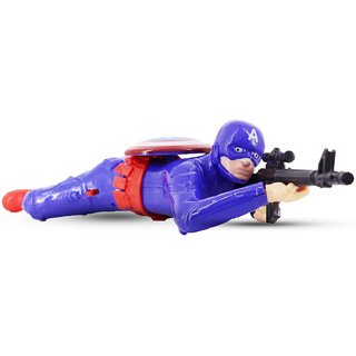 Aseenaa Super Hero Crawling Action Toy Capttan Ammeriica with Light and Shooting Sound  Blue Colour  Set of 1