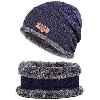 Karnavati Exclusive Woolen Cap With Neck Muffler/Neck Warmer Set For Men&Women-Navy Blue