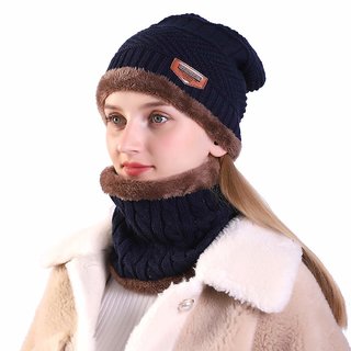                       NEW  Ultra Soft Unisex Woolen Beanie Cap Plus Muffler Scarf Set for Men Women Girl Boy - Warm, Snow Proof - NEVY BLUE                                              